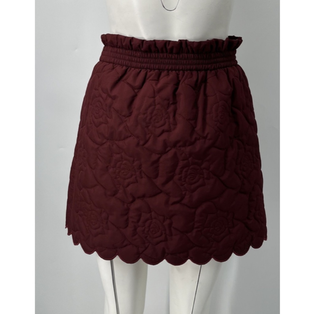Manoush Maroon Floral Embroidered quilted Scalloped Hem Mini Skirt sz 36/4